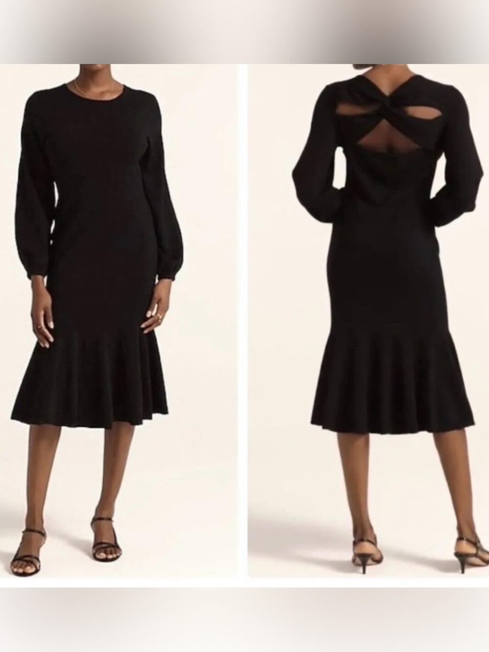 J CREW sz M BLACK MERINO Twist SWEATER DRESS Ruffle Trim Elegant Modest